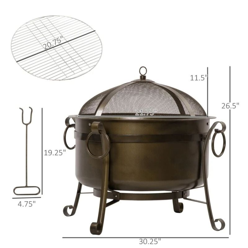 Hivvago Outdoor Wood Burning Fire Pit Cauldron Style Steel Bowl w/ BBQ Grill, Log Poker, and Mesh Screen Lid