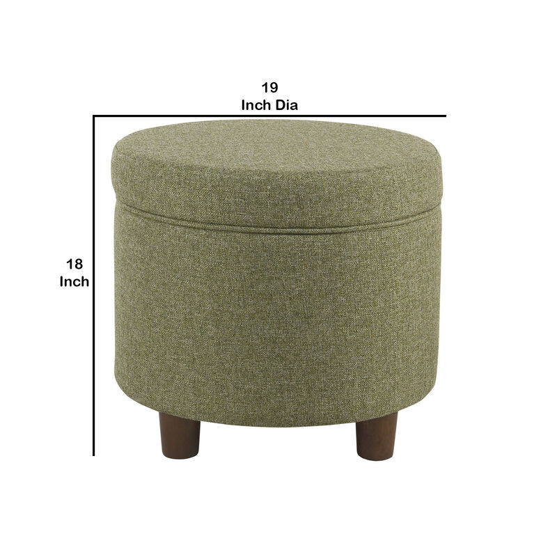 Fabric Upholstered Round Wooden Ottoman with Lift Off Lid Storage, Green - Benzara