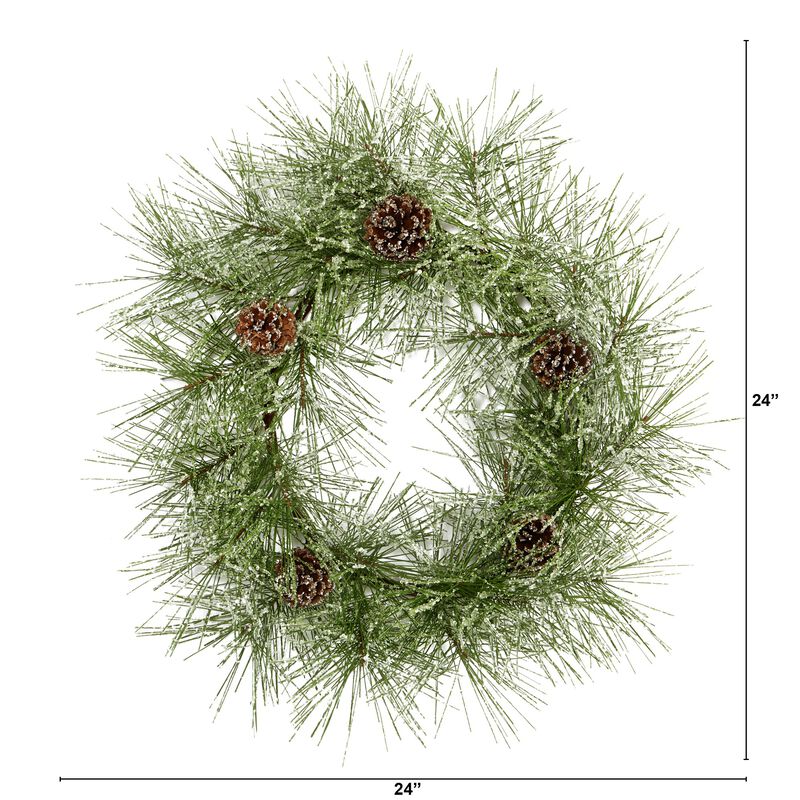 HomPlanti 24" Iced Pine Artificial Wreath with Pine Cones