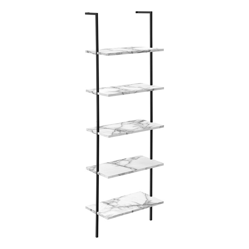 Monarch Specialties I 3685 Bookshelf, Bookcase, Etagere, Ladder, 5 Tier, 72"H, Office, Bedroom, Metal, Laminate, White Marble Look, Black, Contemporary, Modern