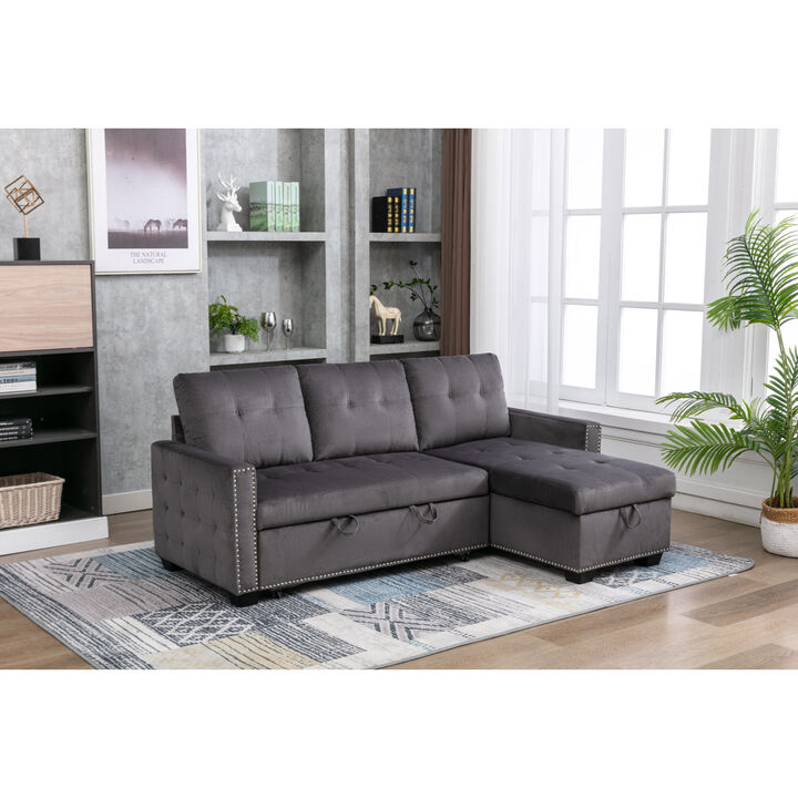 77 Inch Reversible Sectional Storage Sleeper Sofa Bed, L-Shaped 2 Seat Sectional Chaise With Storage, Skin-Feeling Velvet Fabric, Dark Grey Color For Living Room Furniture