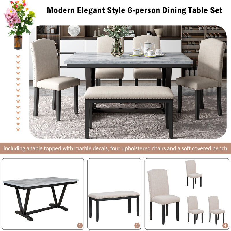 Merax Modern Style 6-piece Dining Table with Marbled Veneers Tabletop