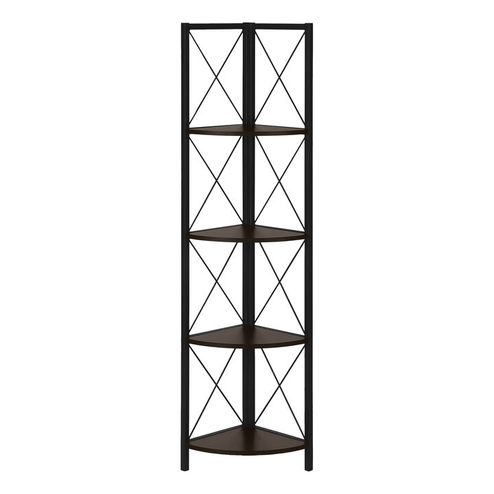 Monarch Specialties I 3645 Bookshelf, Bookcase, Etagere, Corner, 4 Tier, 60"H, Office, Bedroom, Metal, Laminate, Brown, Black, Contemporary, Modern