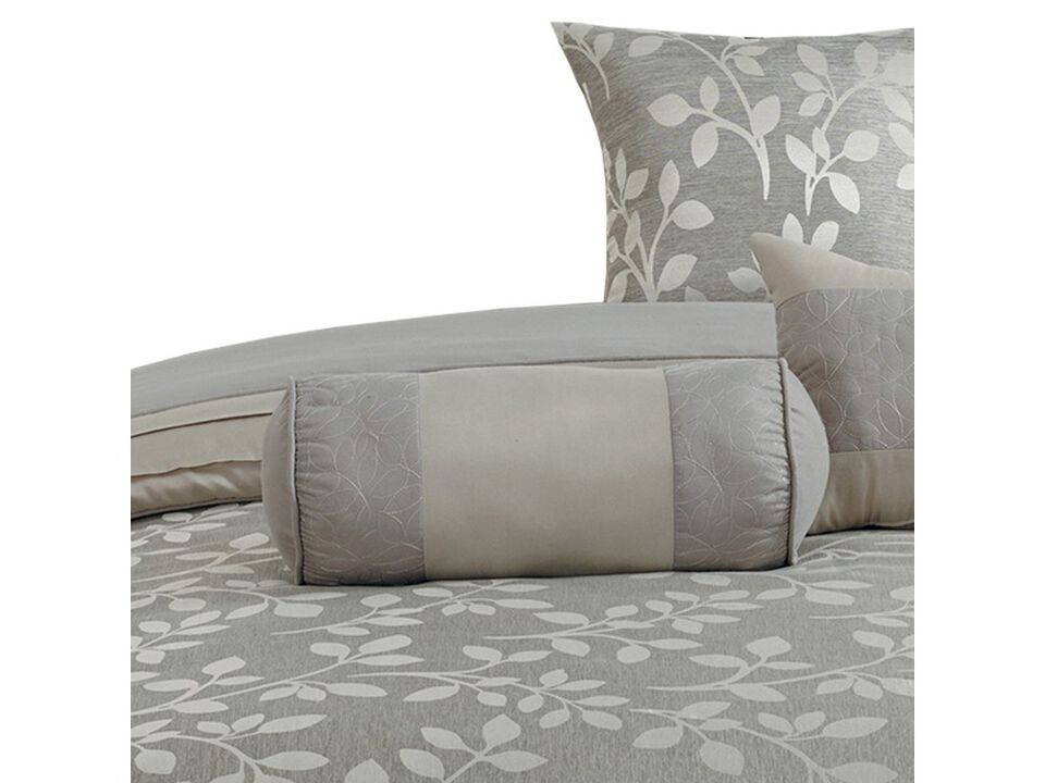 Queen Size 7 Piece Fabric Comforter Set with Leaf Prints, Gray - Benzara