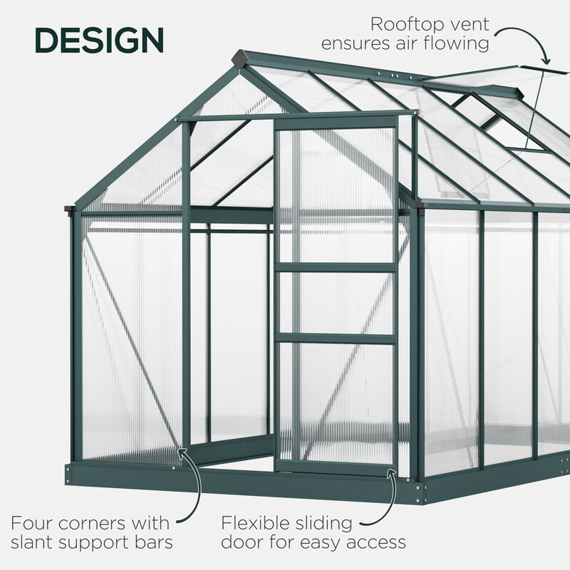 Outsunny 6' x 4' x 6.5' Polycarbonate Greenhouse, Heavy Duty Outdoor Aluminum Walk-in Green House Kit with Rain Gutter, Vent and Door for Backyard Garden, Dark Green