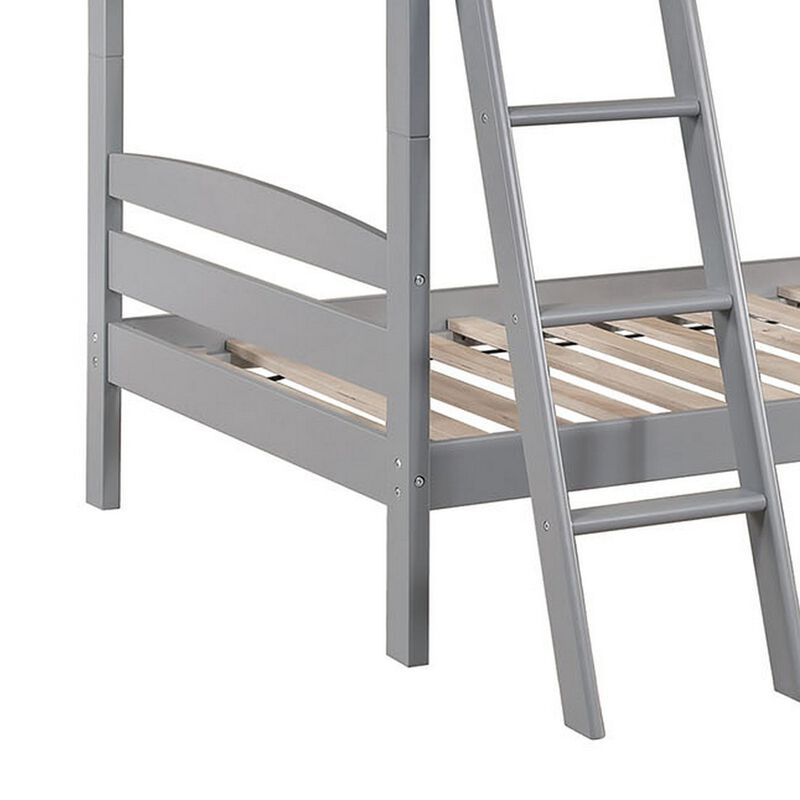 Hina Twin Bunk Bed, Angled Ladder, Sturdy Slat Design, Gray Solid Wood