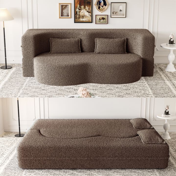 TATEUS Modern Floor Sofa with 2 Pillows, Convertible  Foam-Filled Sleeper Sofa Bed, 15" Full Size Folding Mattress for Playroom