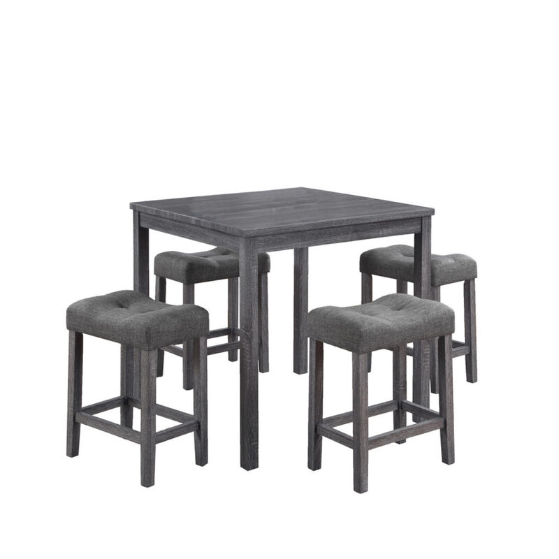 Lucian 5 Piece Counter Height Pub Table Set with Tufted Gray Linen Stools