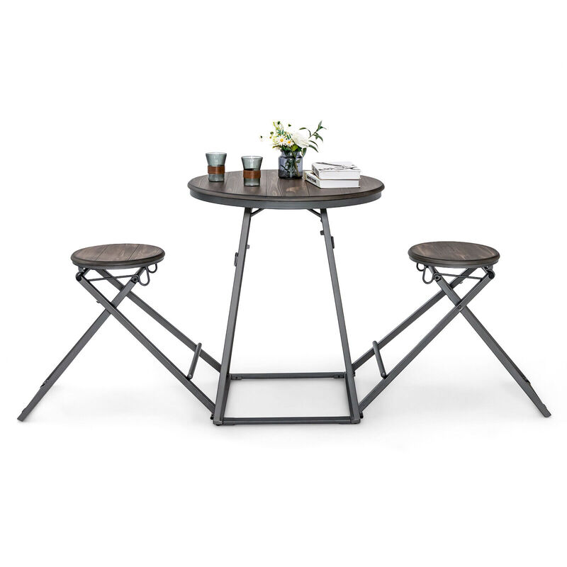 3 Pieces Dining Table Set with 2 Foldable Stools for Small Space-Grey