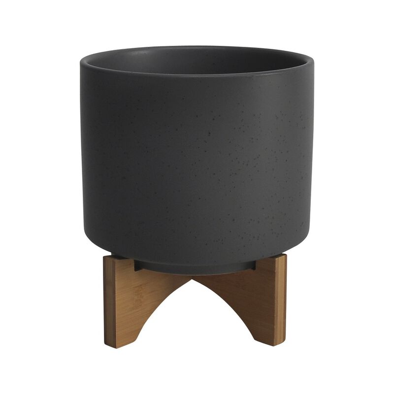 Planter with Textured Ceramic and Wooden Stand, Large, Gray-Benzara