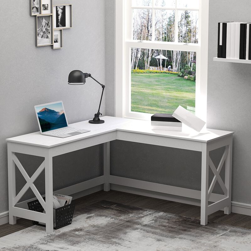 57" L-Shaped Corner Desk, Computer Home Office Desk and Writing Table, White