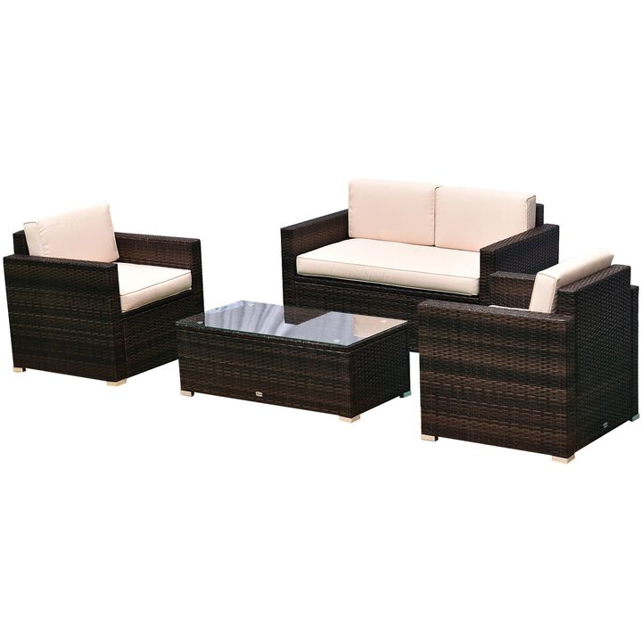 Beige 4-Piece Rattan Wicker Furniture Set: Outdoor Cushioned Conversation Furniture with 2 Chairs, Loveseat, and Glass Coffee Table