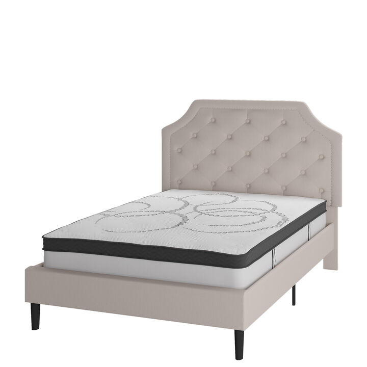 Brighton Full Size Tufted Upholstered Platform Bed in Beige Fabric with 10 Inch CertiPUR-US Certified Pocket Spring Mattress