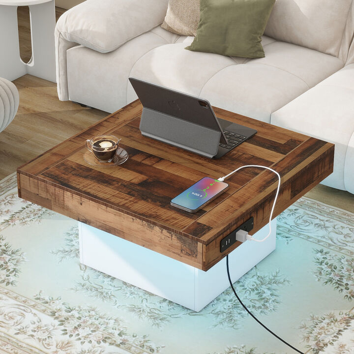 Clihome 31.4'' x 31.4'' Farmhouse Coffee Table with 2 USB Ports and Outlets, Brown Spliced Wood Grain Center Table with LED Light, Rustic Cocktail Table with Charging Station for Living Room, Black