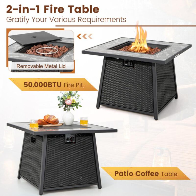 Hivvago 7 Pieces Patio Furniture Set with 35 Inches 50000 BTU Propane Gas Fire Pit Table and Waterproof Cover for Firpit