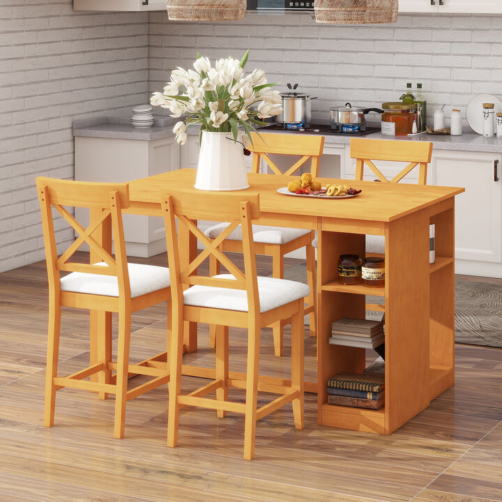 Merax Solid Wood Farmhouse Counter Height Dining Table Set with 3-Tier Storage Shelves