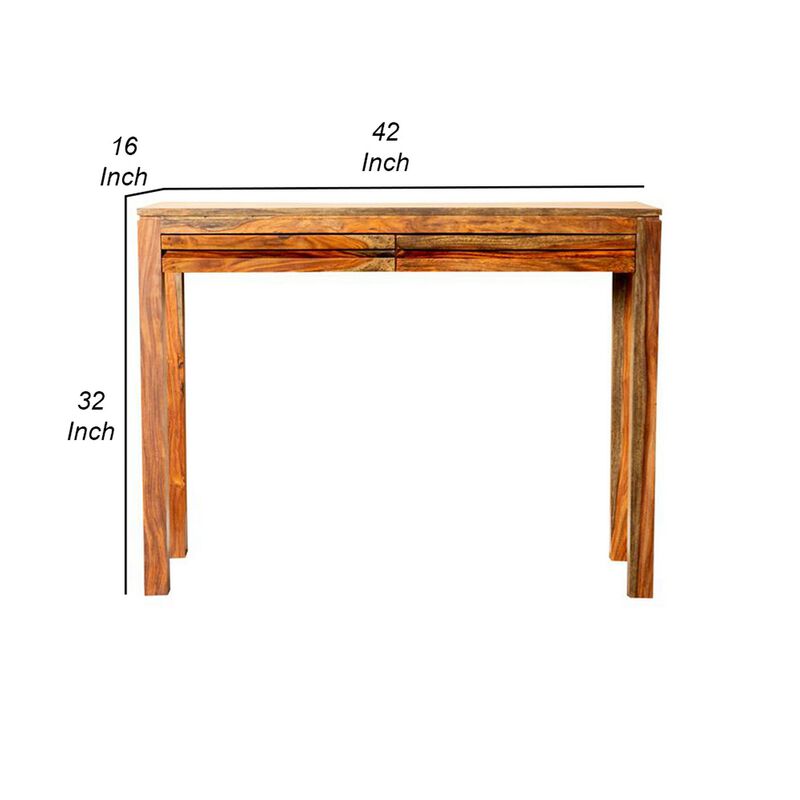 42 Inch Console Sofa Table, 2 Gliding Drawers, Sheesham Wood, Chestnut - Benzara