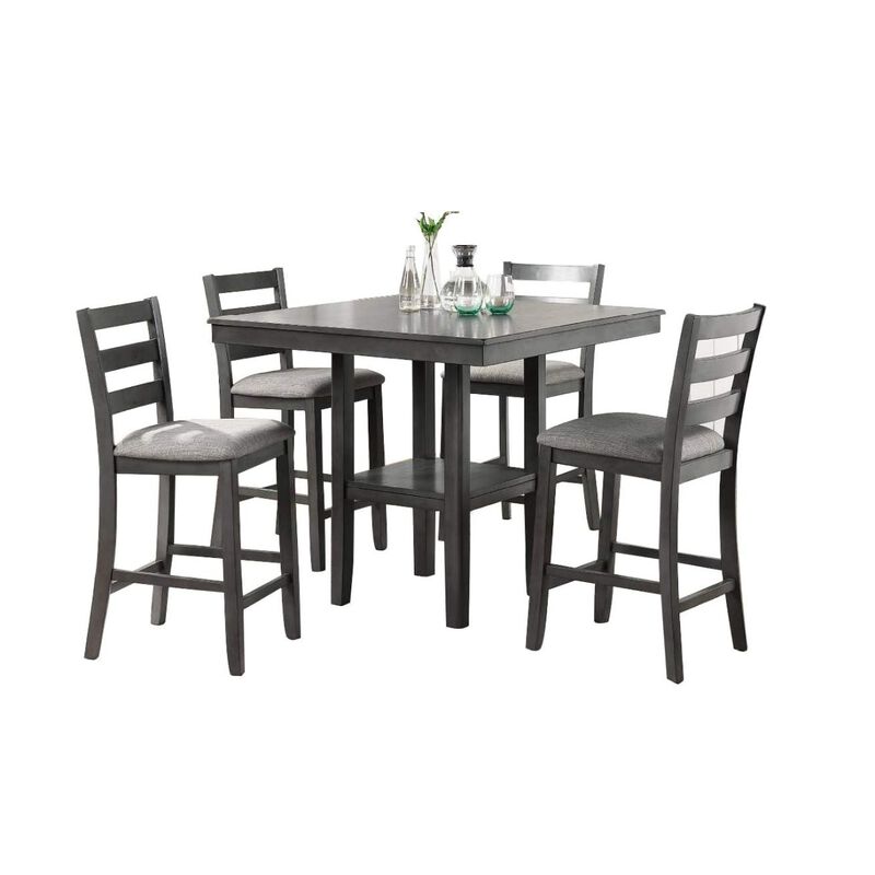 Classic Dining Room Furniture Gray Finish Counter Height 5pc Set Square Dining Table w Shelves Cushion Seat Ladder Back High Chairs Solid wood