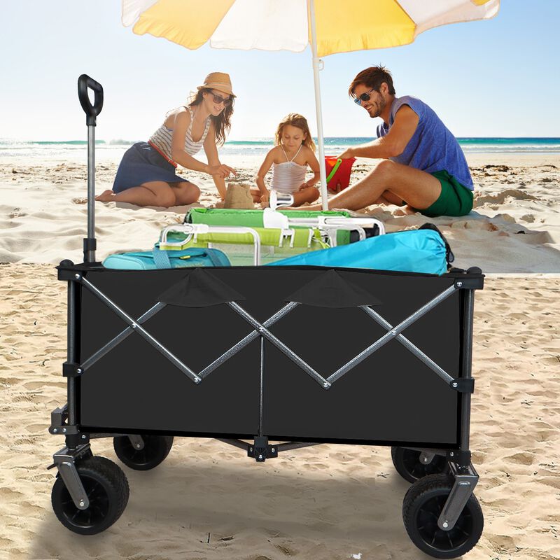 Collapsible Folding Wagon, Push Pull Foldable Beach Wagon Cart,Garden Cart-Grayish Brown