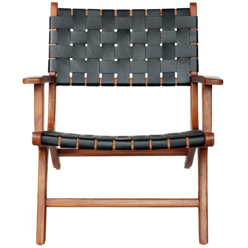 Ashcroft Furniture Co Melody Black Strap Leather Teak Wood Lounge Chair