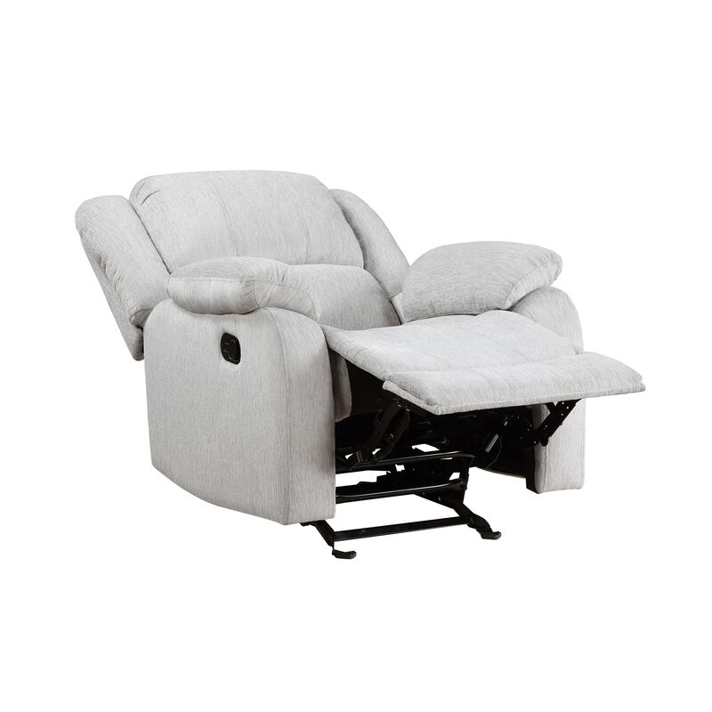 Chris 38 Inch Manual Glider Recliner Chair, Solid Wood, Light Gray Chenille - Benzara