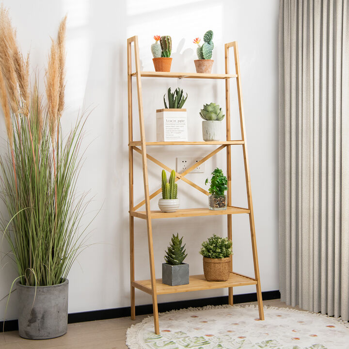 58 Inch 4-Tier Bamboo Ladder Bookshelf-Natural