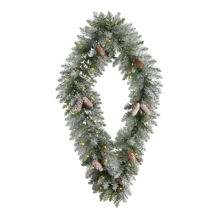 Nearly Natural 3-ft Holiday Christmas Geometric Diamond Frosted Wreath with Pinecones and 50 Warm White LED Lights