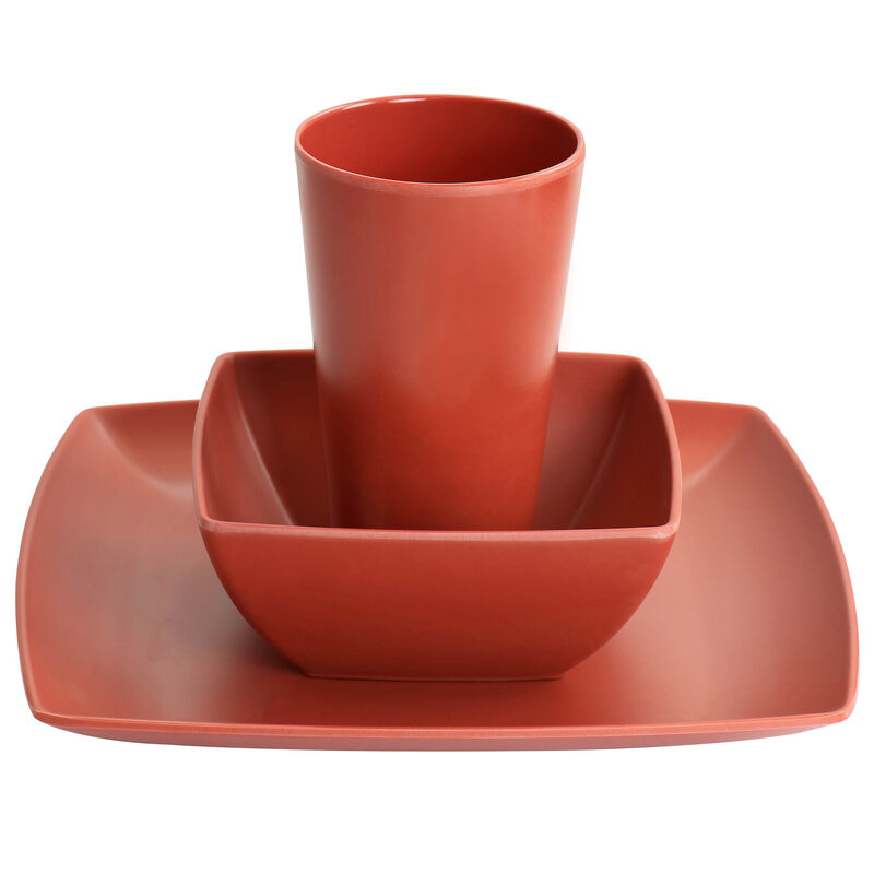 Gibson Home Grayson Melamine 12 Piece Square Dinnerware Set in Orange