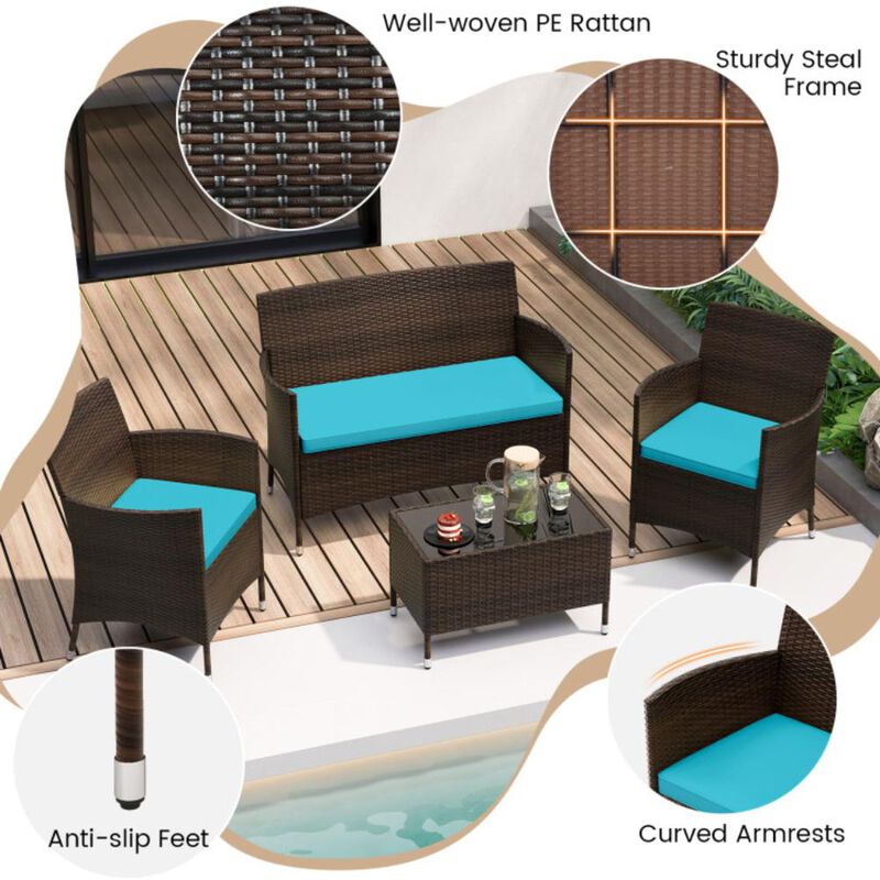 Hivvago 4 Pieces Comfortable Mix Brown Outdoor Rattan Sofa Set with Glass Coffee Table