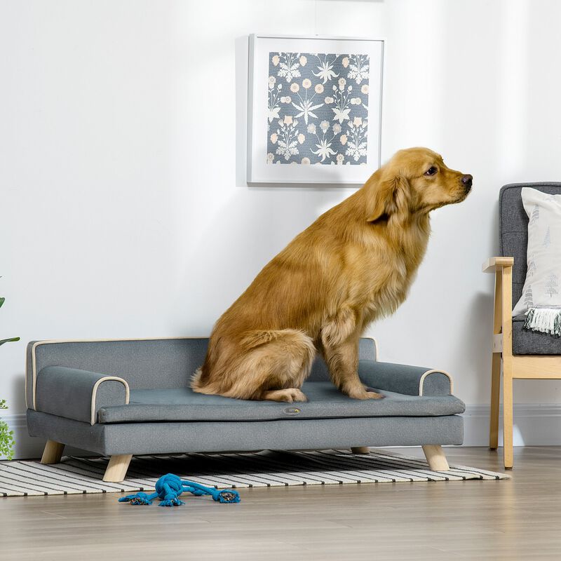 Grey Pet Lounger: Large Dog Sofa with Water-Resistant Fabric & Wooden Legs