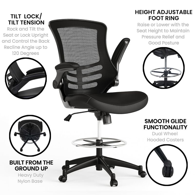 Flash Furniture Kelista Mid-Back Black Mesh Ergonomic Drafting Chair with LeatherSoft Seat | Adjustable Foot Ring, Flip-Up Arms | Comfort and Productivity