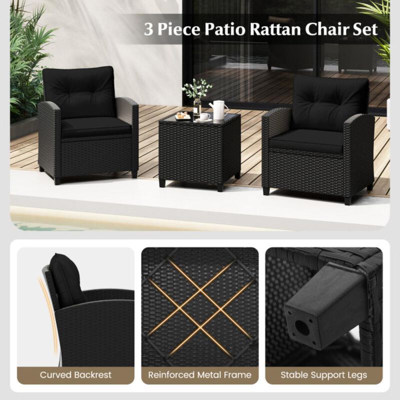 Hivvago 3 Pieces Patio Furniture Set with Tempered Glass Coffee Table