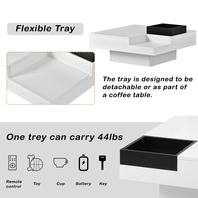 Modern Minimalist Design Square Coffee Table with Detachable Tray and Plug-in 16-color LED Strip Lights Remote Control