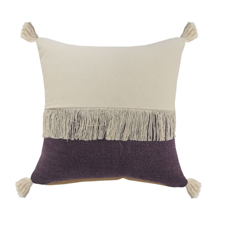 20" Purple and White Fringe Color Block Square Throw Pillow