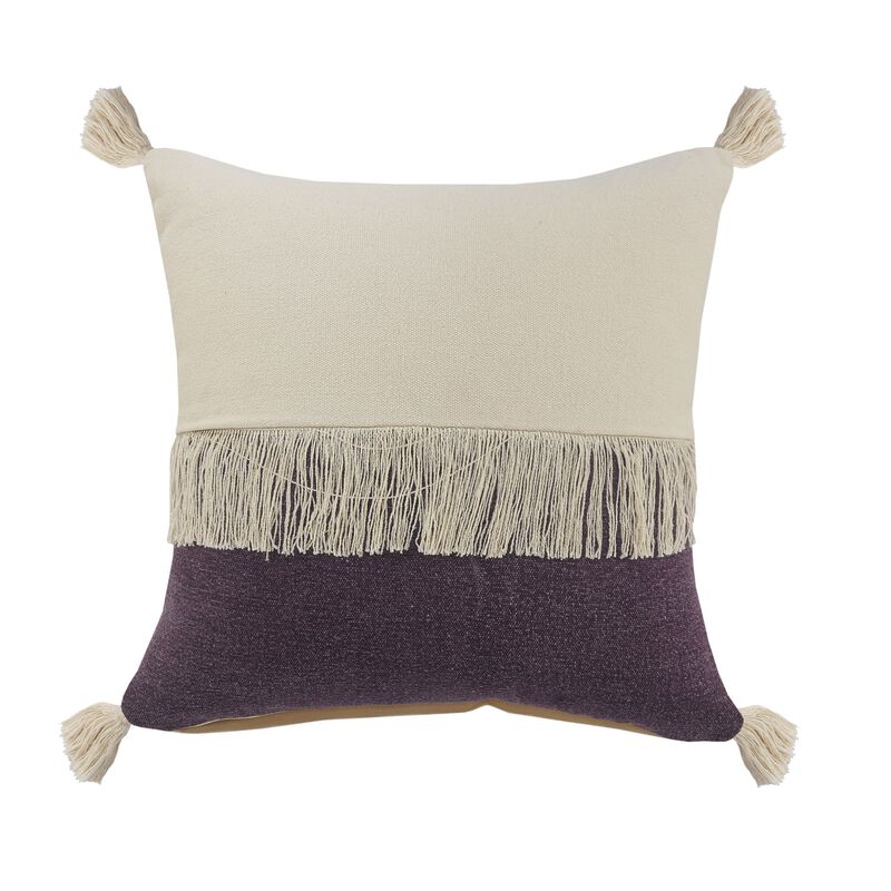 20" Purple and White Fringe Color Block Square Throw Pillow
