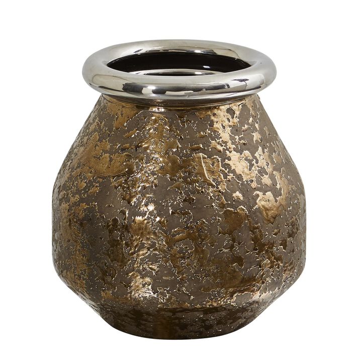 Nearly Natural 9.5-in Textured Bronze Vase with Silver Rim