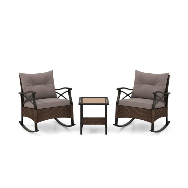 Hivvago 3 Pieces Outdoor Rattan Rocking Chairs Set with  2-Tier Side Table for Garden Backyard