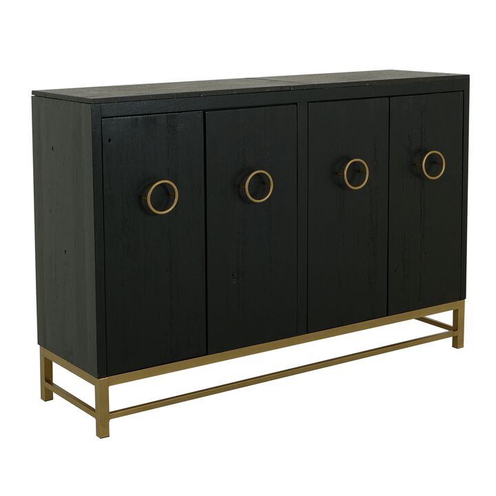 Kianu Sideboard Console Cabinet, 4 Door, Fixed Shelves, Charcoal Black - Benzara