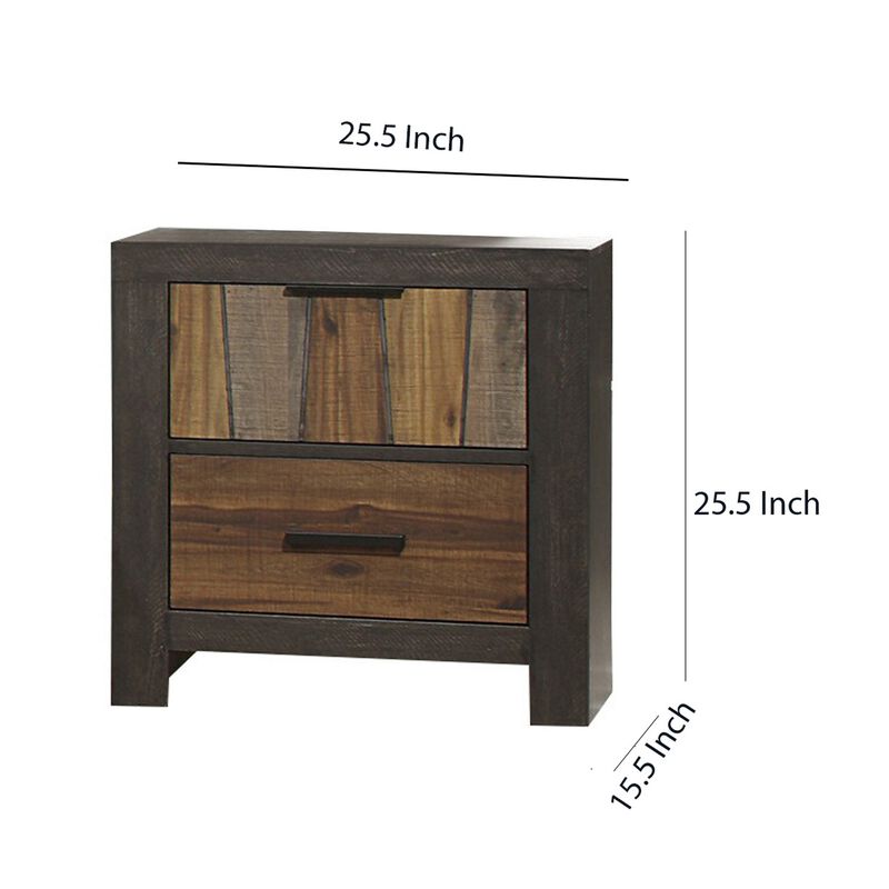 Plank Style 2 Drawer Wooden Nightstand with Metal Bar Handles, Brown - Benzara