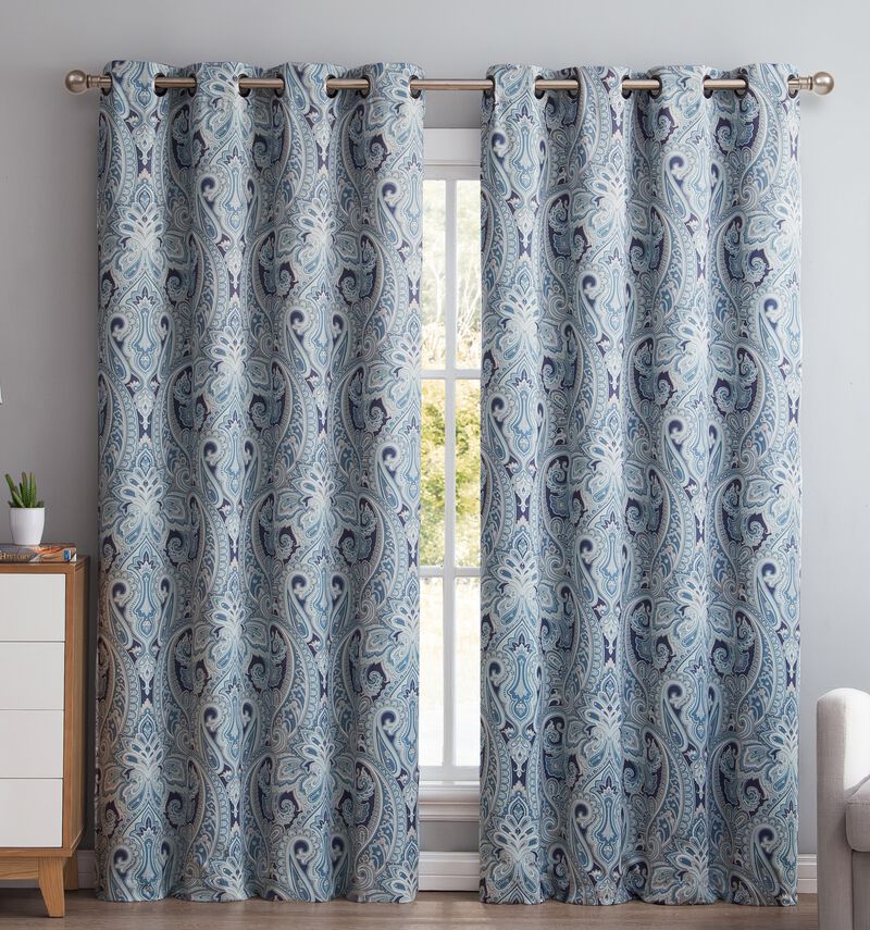 THD France Paisley Print Damask Thermal Insulated Energy Efficient Room Darkening Grommet Top Window Curtain Panels - Pair