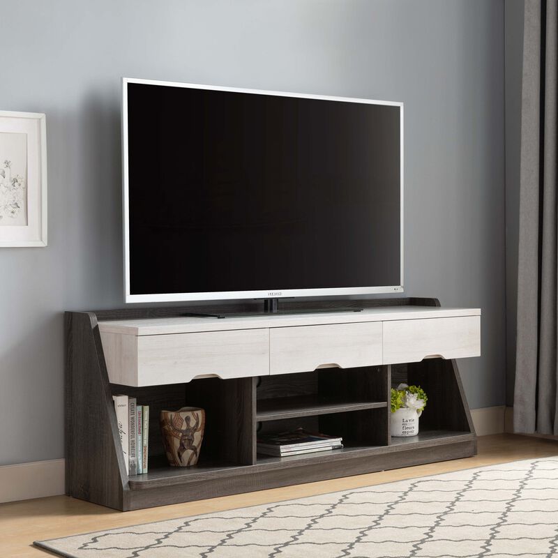 Homezia 62" White Oak & Distressed Grey Particle Board Cabinetenclosed Storage Tv Stand