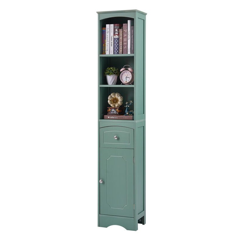 Tall Bathroom Cabinet, Freestanding Storage Cabinet with Drawer, MDF Board, Adjustable Shelf, Green