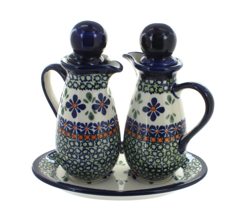 Blue Rose Polish Pottery Flowering Peacock Oil & Vinegar Set