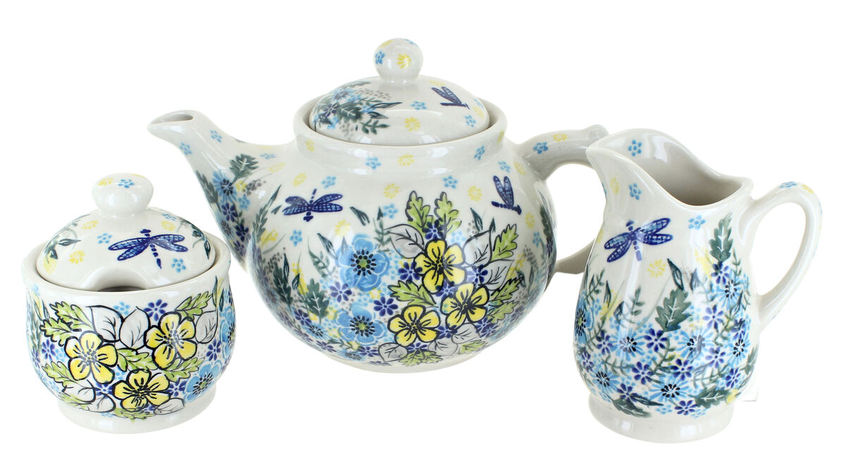 Blue Rose Polish Pottery Holiday Pine 3 Piece Tea Set