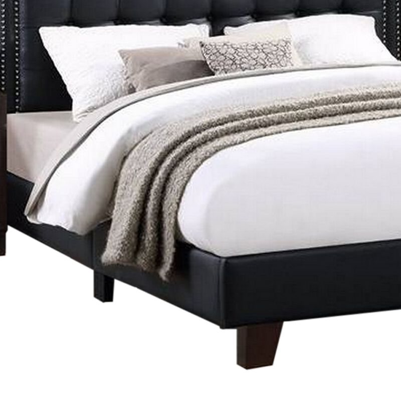 Vea Modern Platform Queen Bed, Deep Tufted Upholstery, Black Faux Leather - Benzara