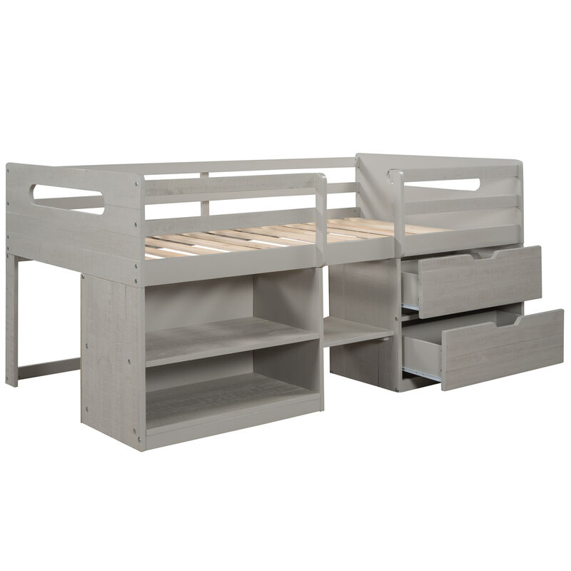 Twin size Loft Bed with Two Shelves and Two drawers (White)