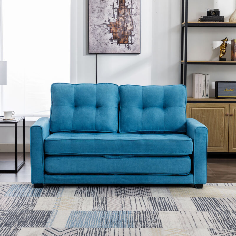 59.4" Loveseat Sofa with Pull-Out Bed Modern Upholstered Couch with Side Pocket for Living Room Office, Blue