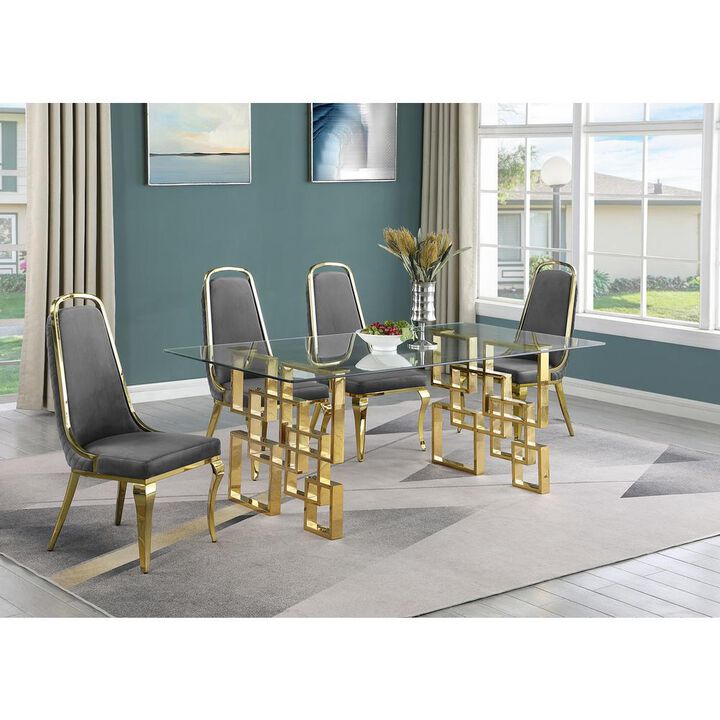 5-piece glam dining set with 4 Dark grey chairs and one 79" glass dining table