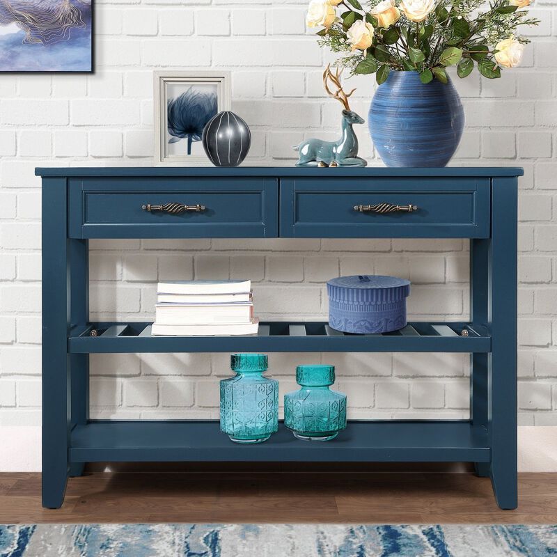 Console Sofa Table with 2 Storage Drawers and 2 Tiers Shelves, Mid-Century Style 42" Solid Wood Buffet Sideboard for Living Room Furniture Kitchen Dining Room Entryway Hallway, Navy Blue