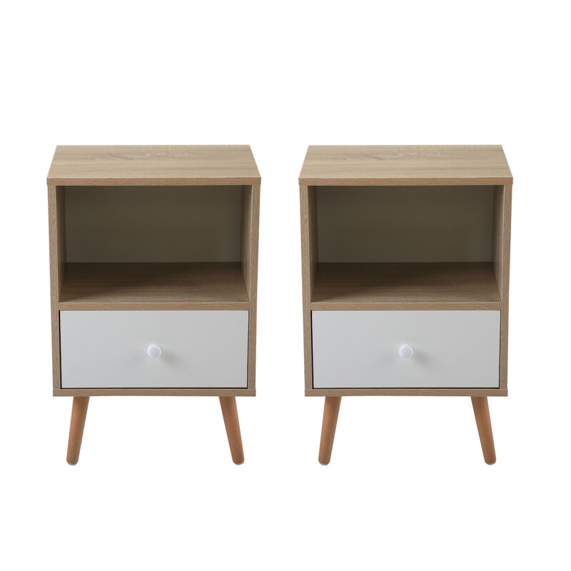 Mid Century Wood Nightstand, Bed Sofa Side Table with Drawer and Shelf, Modern End Table for Living Room Bedroom Office, Set of 2, Natural and White